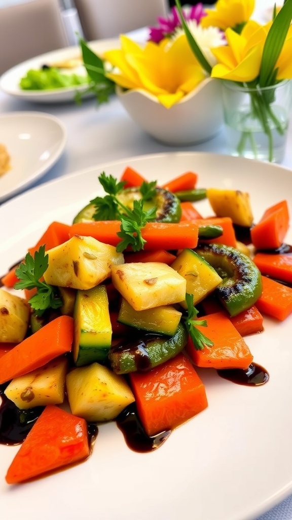 Wonder Egg Priority Inspired Metadinha 4 Recipe A colorful serving of Metadinha 4 with mixed vegetables and herbs, inspired by Wonder Egg Priority, on a rustic table.